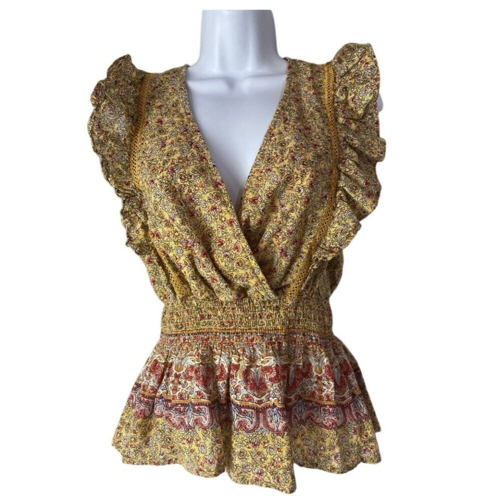 Twine & String Women Peasant Boho Floral Babydoll Top L Ruffles Sleeveless Hippy